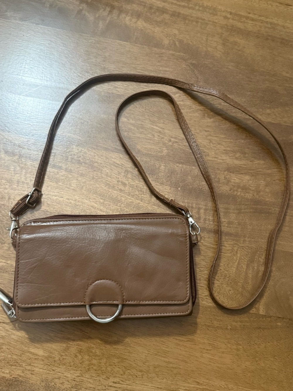 Genuine Leather Brown Crossbody Wallet Purse with Ring Accent